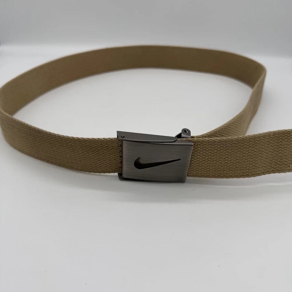 Y2K Nike‎ Mens Belt Tan Khaki Woven Fabric Swoosh Logo Flip Top Buckle 41 Inch